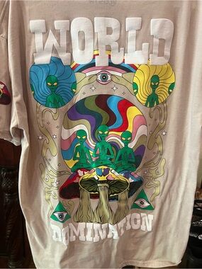 Beige World Domination Graphic Tee with Multicolor Alien Art